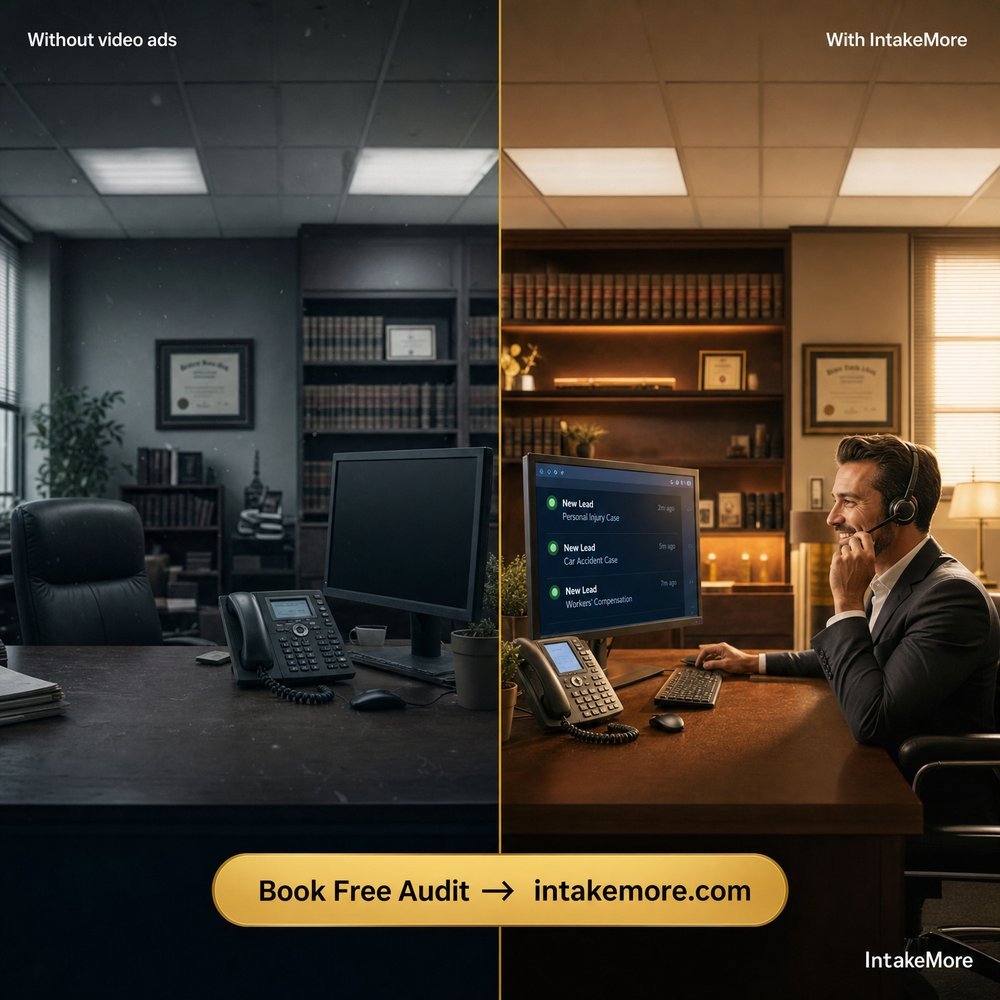 Before/after office comparison ad for IntakeMore